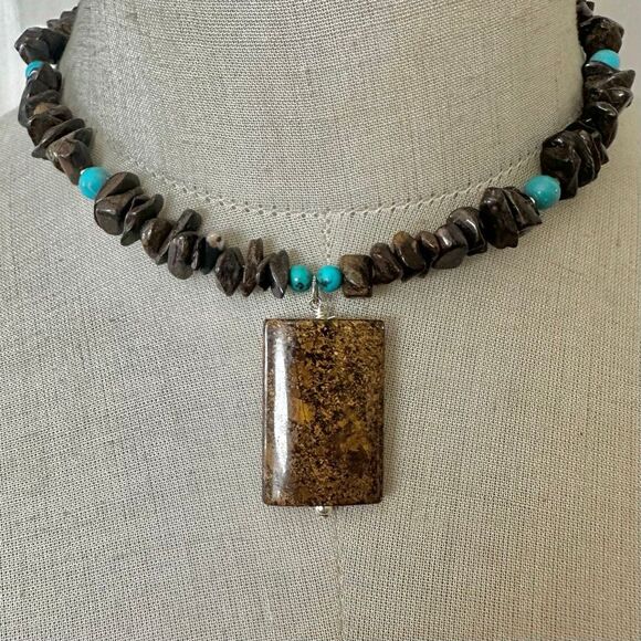 Sterling Silver Jasper & Turquoise Bead Necklace with Large Rectangular Pendant - Picture 1 of 10